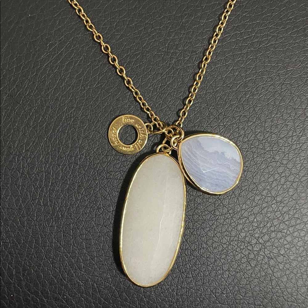 Stella & Dot Gold Necklace with Pink and Gray stone pendants
